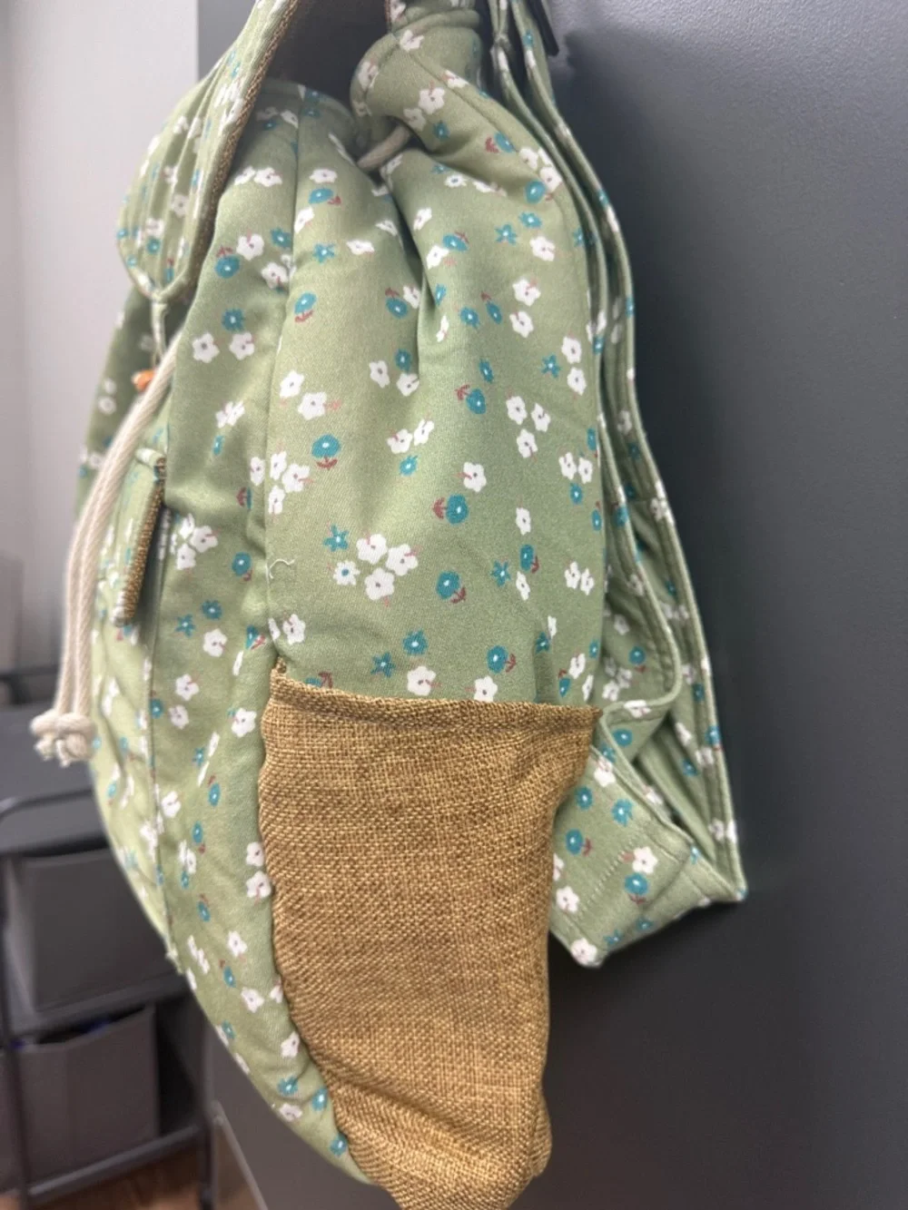 Taalum Olive Floral Canvas Drawstring Backpack